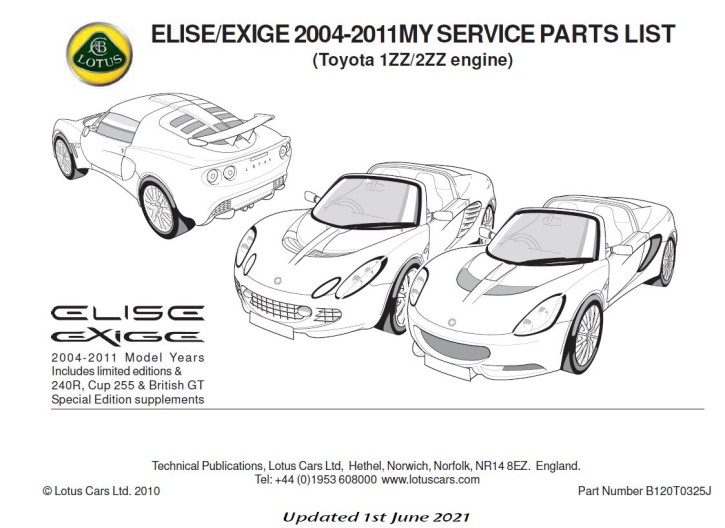 Service Parts List Elise Toyota 1ZZ/2ZZ  bis 2011